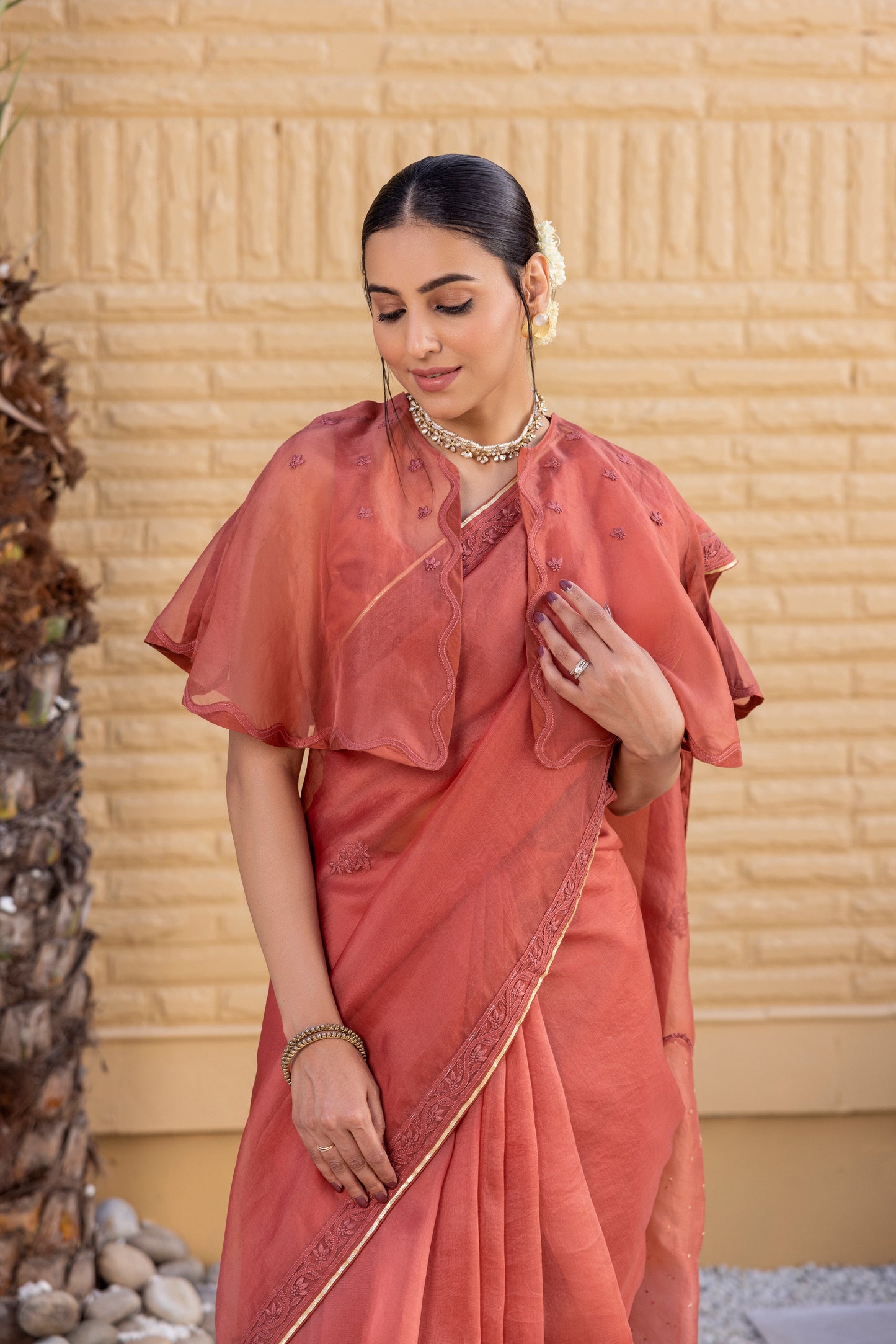 Rust Organza Saree Comes With Embroidered Blouse & Organic Cotton Stitched Petticoat