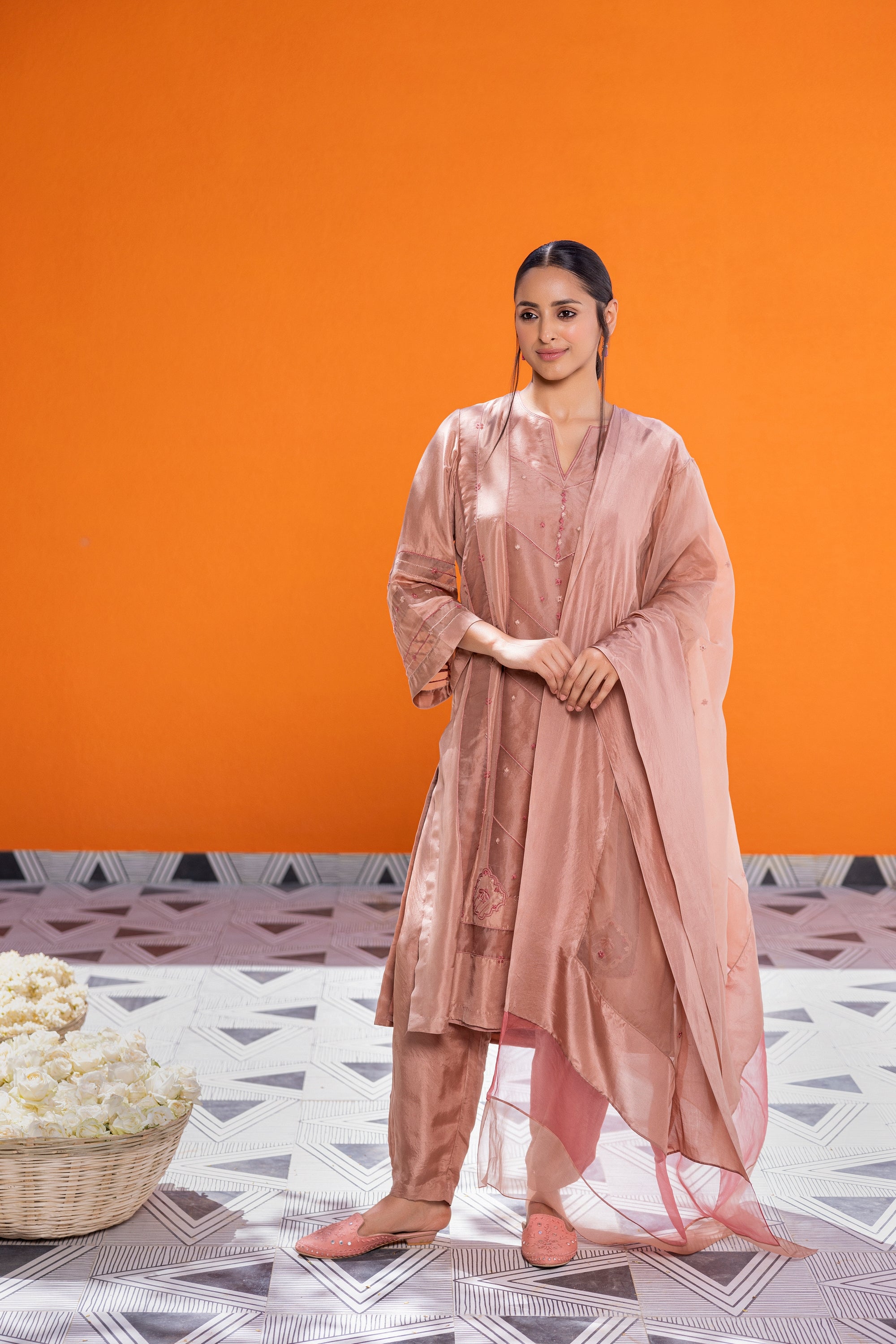 Rose Gold Silk Embroidered Kurta Set