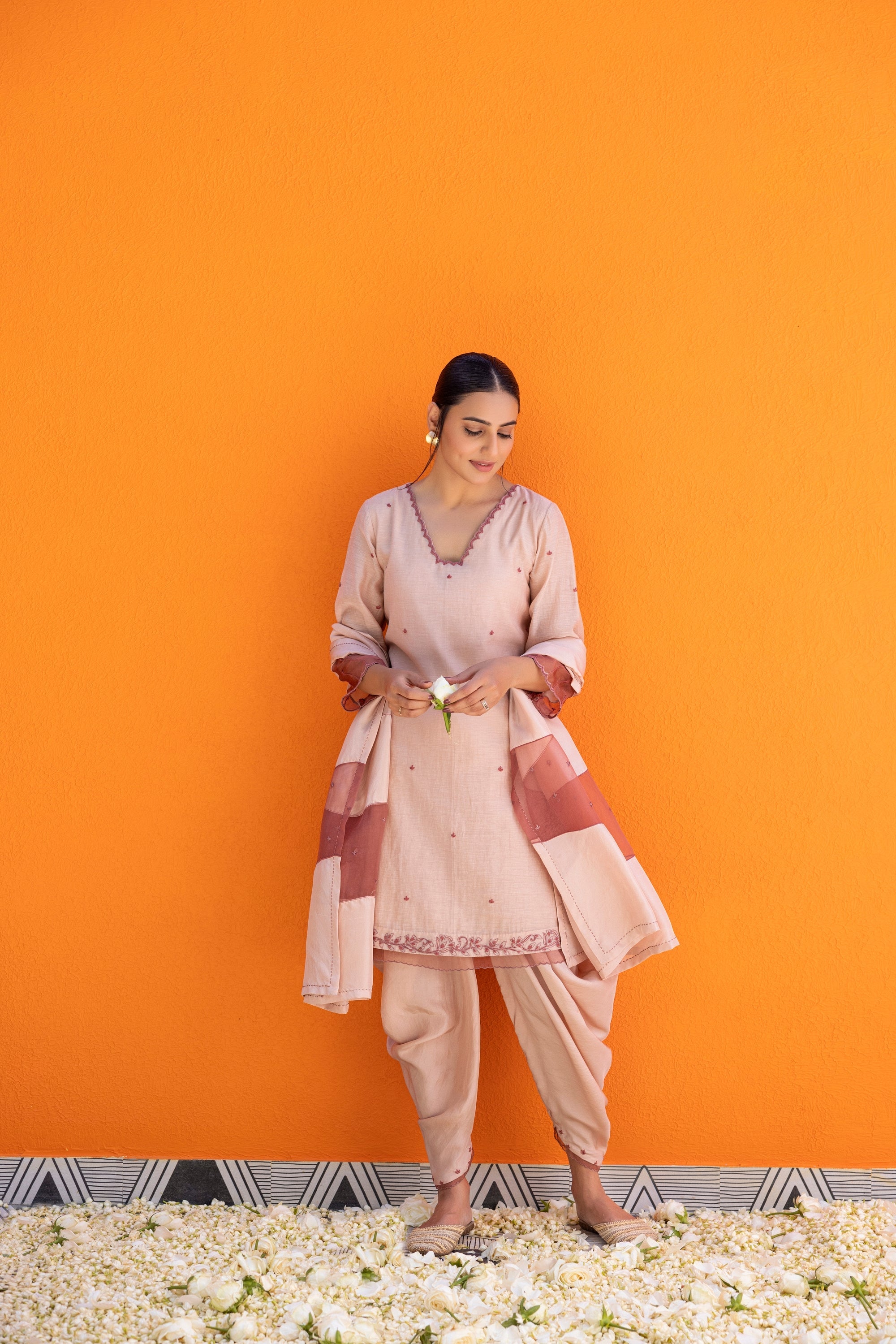 Rose gold chanderi kurta and silk dhoti set