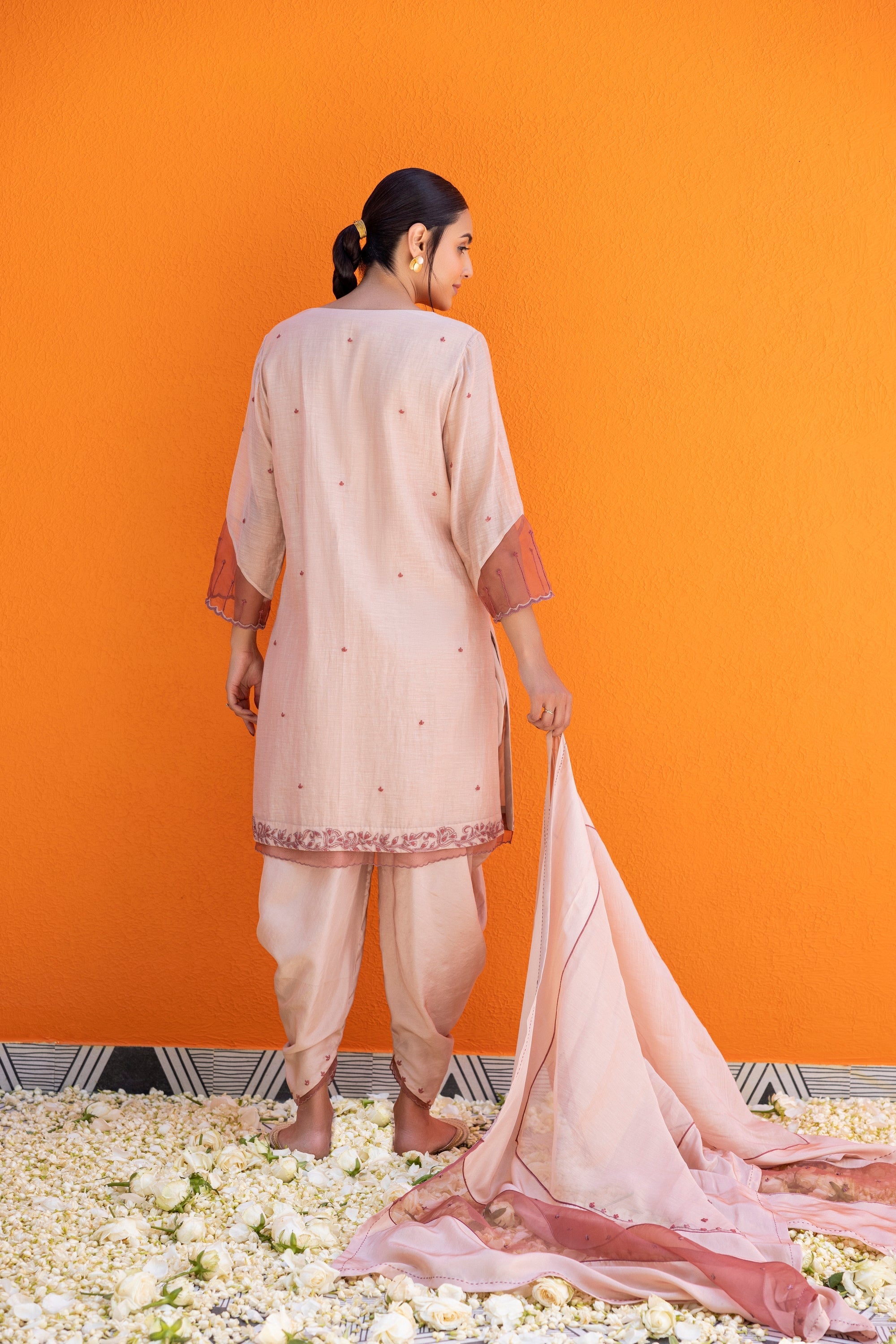 Rose gold chanderi kurta and silk dhoti set