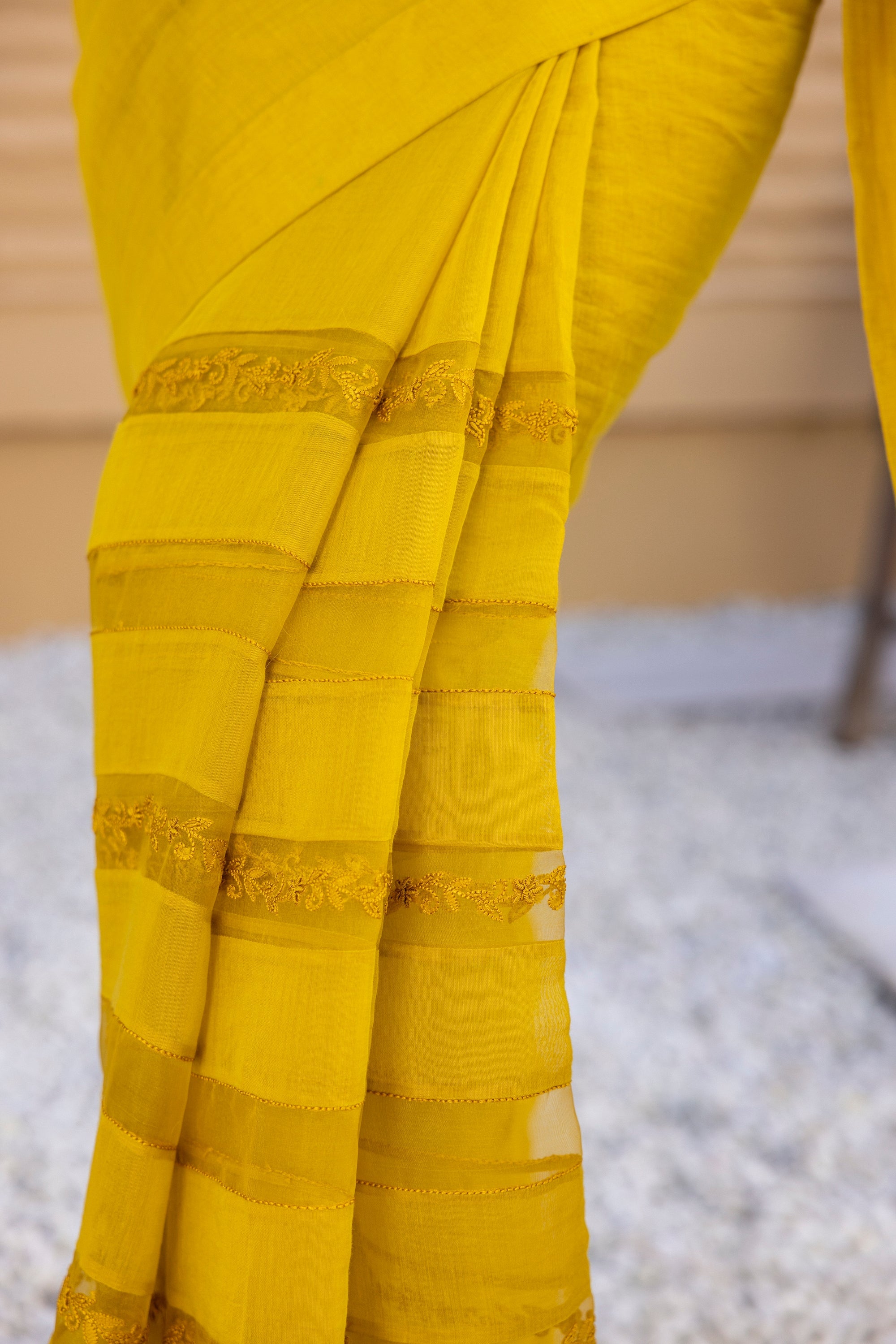 Yellow Chanderi Saree Comes With Silk Embroidered Blouse & Organic Cotton Stitched Petticoat