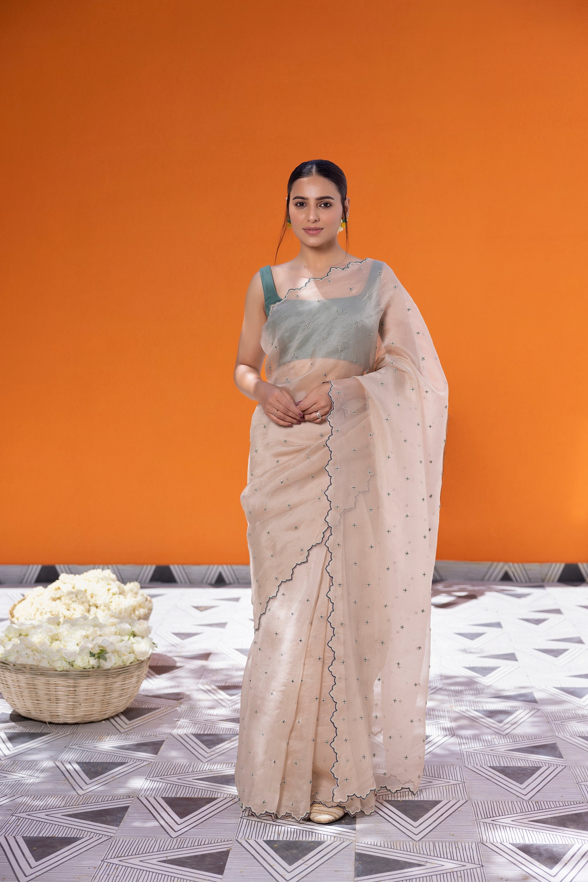 Ivory Organza Saree With Sea Green Chanderi Blouse