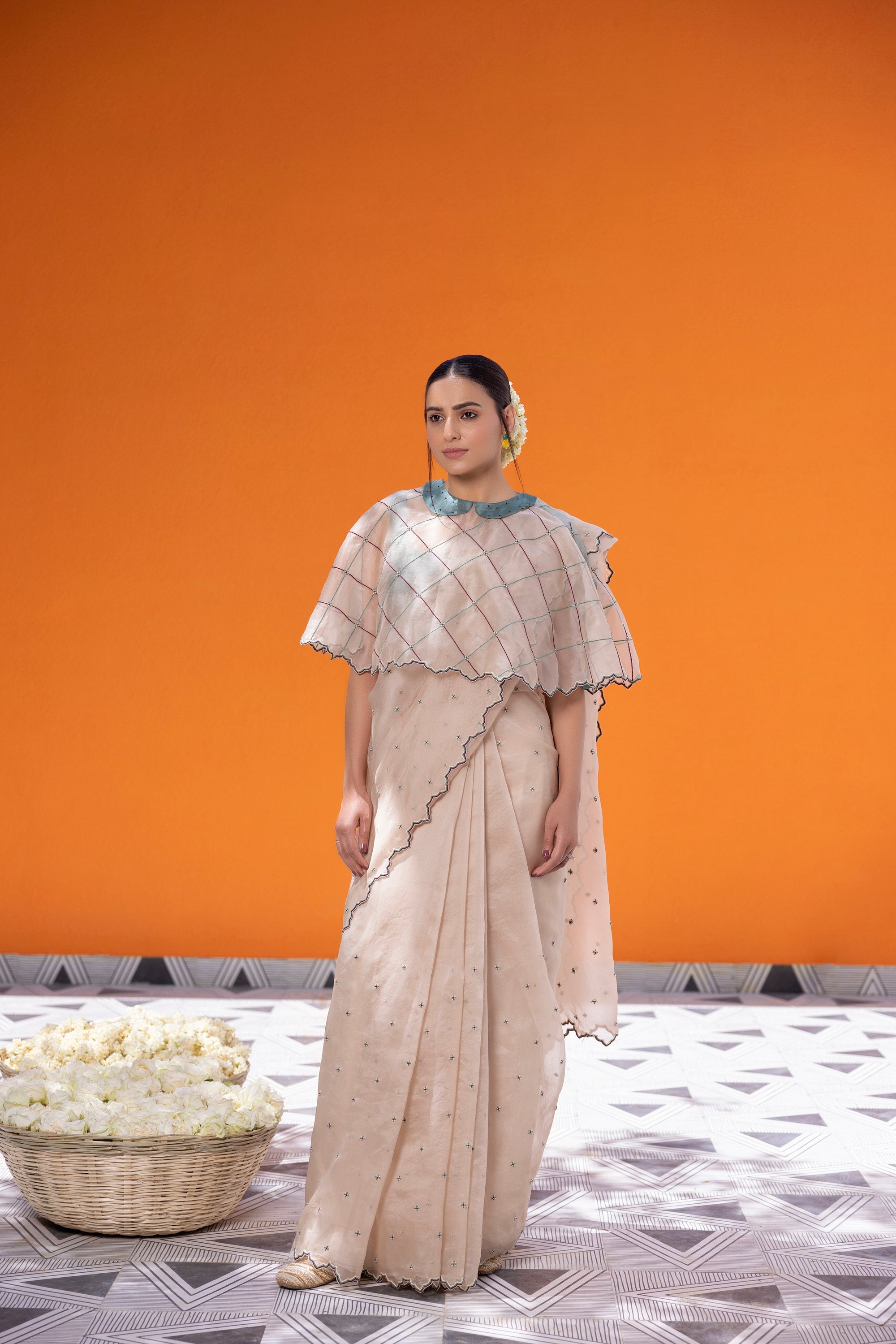 Ivory Organza Saree With Sea Green Chanderi Blouse