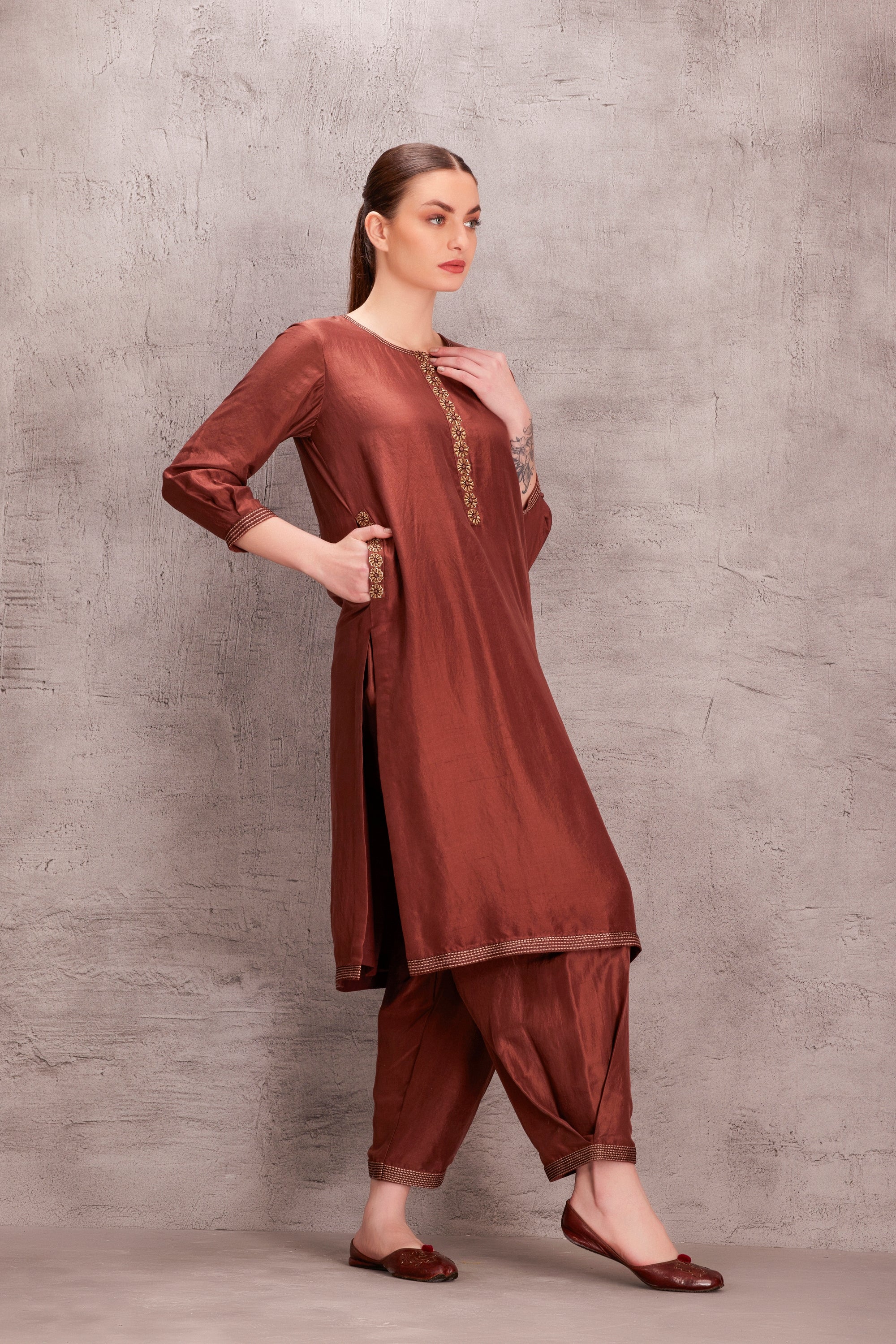 Brown Dupion Silk Kurta Set