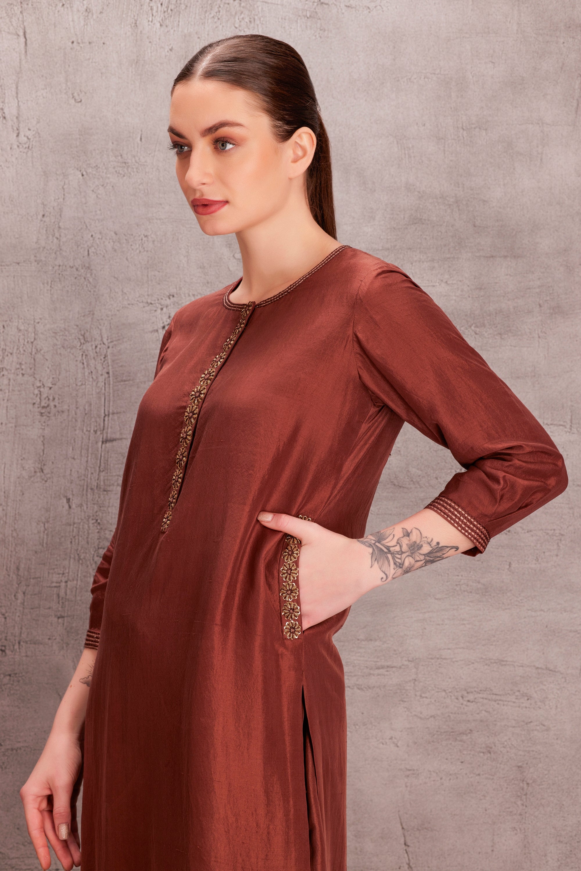 Brown Dupion Silk Kurta Set