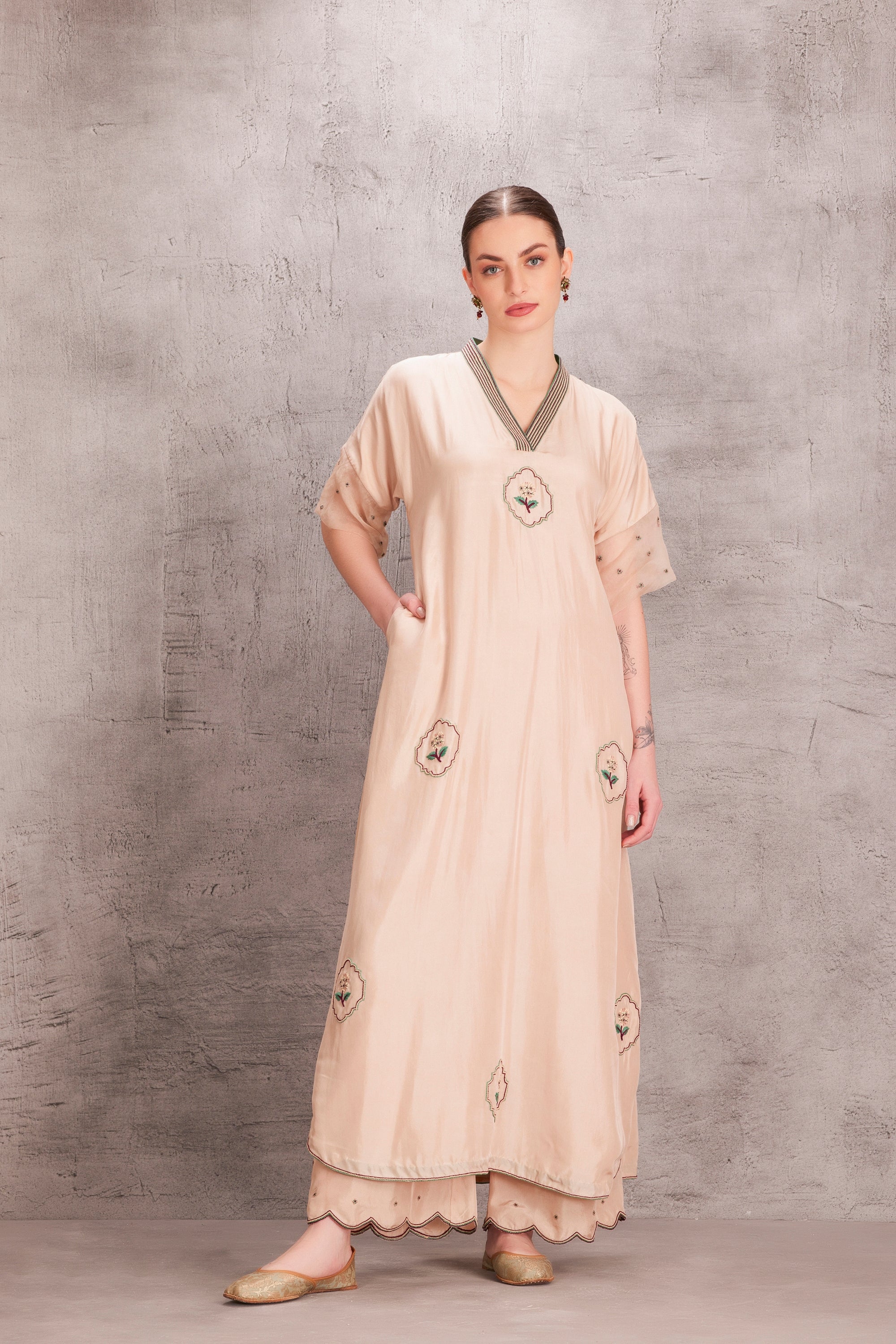 Beige Silk Kaftan Set