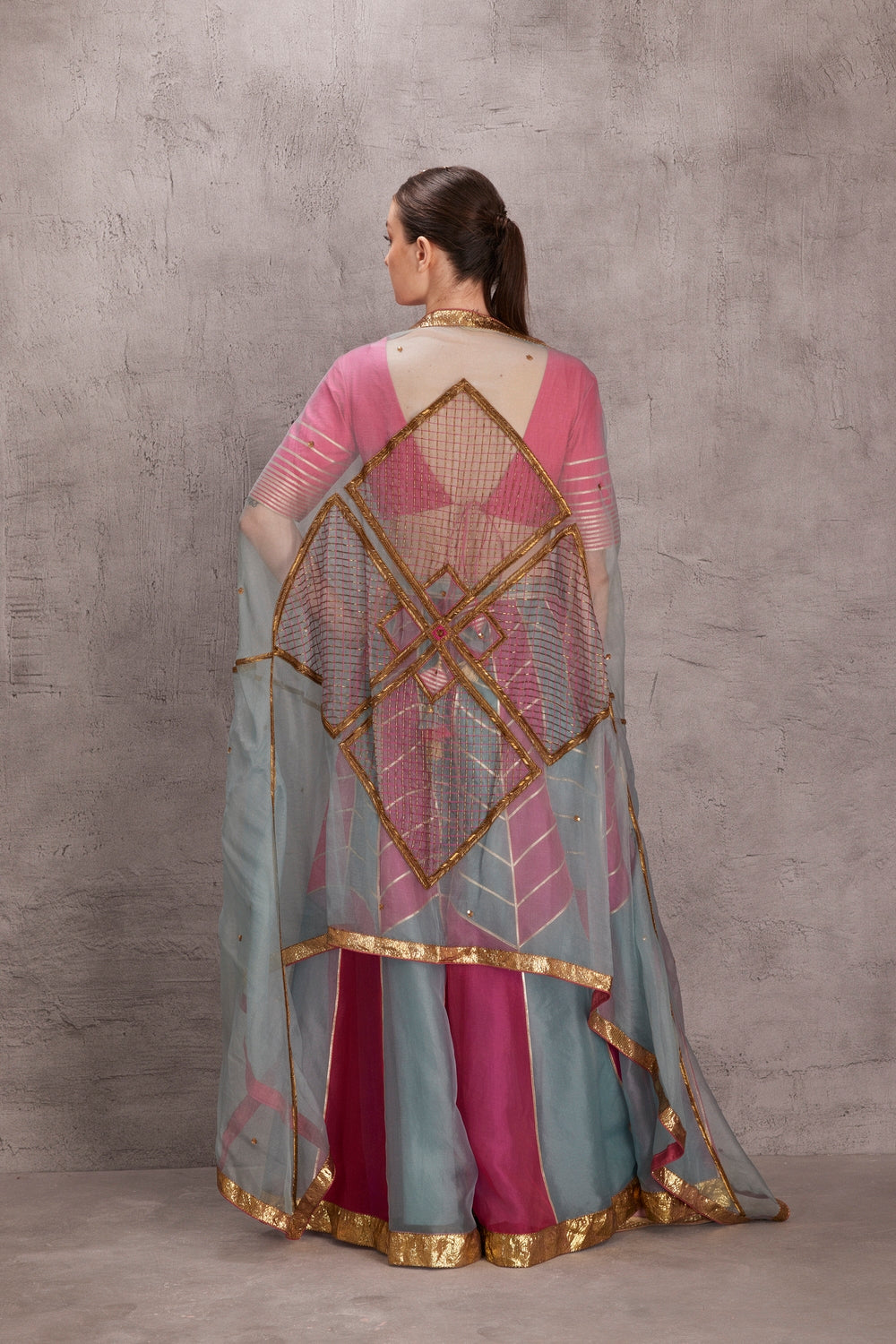 Ice Blue And Hot Pink Embroidered Dupatta