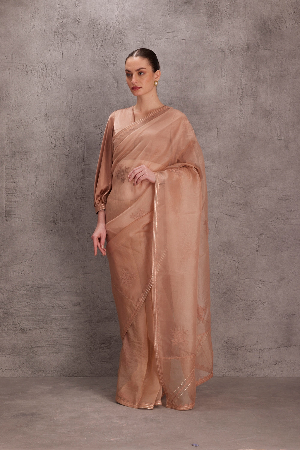 Rose Gold organza saree come with satin silk blouse  & Organic Cotton Stitched Petticoat