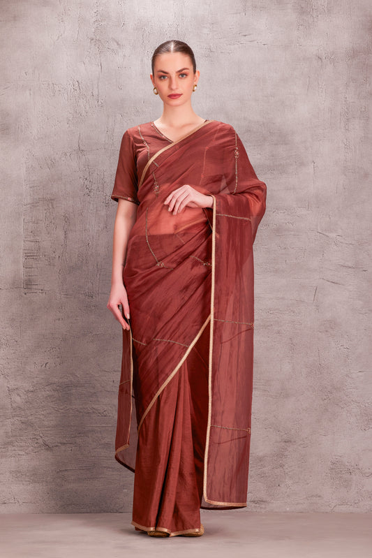 Brown Organza Saree Comes with Silk Embroidered Stitched Blouse & Organic Cotton Stitched Petticoat (3Pcs)