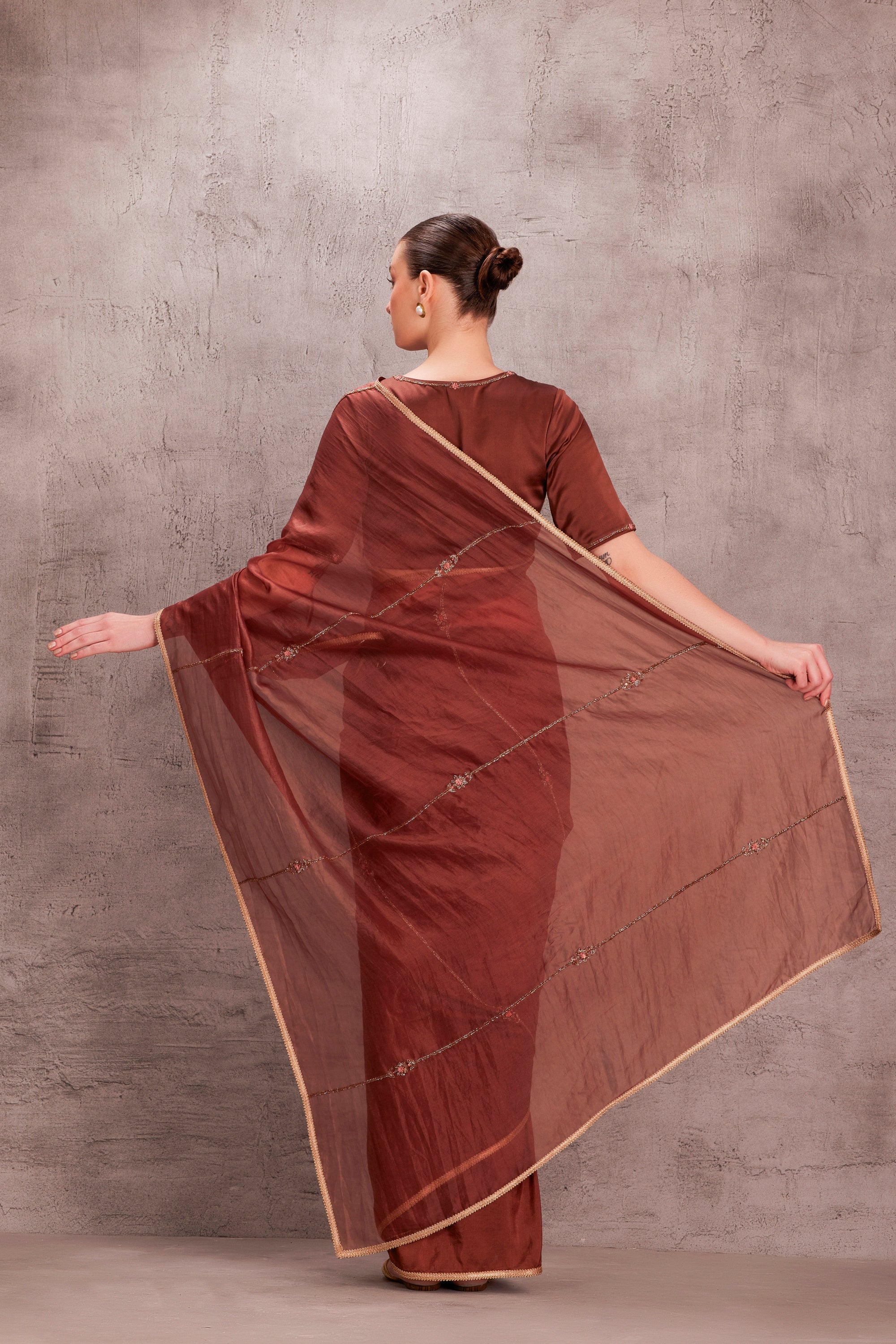 Brown Organza Saree Comes with Silk Embroidered Stitched Blouse & Organic Cotton Stitched Petticoat (3Pcs)