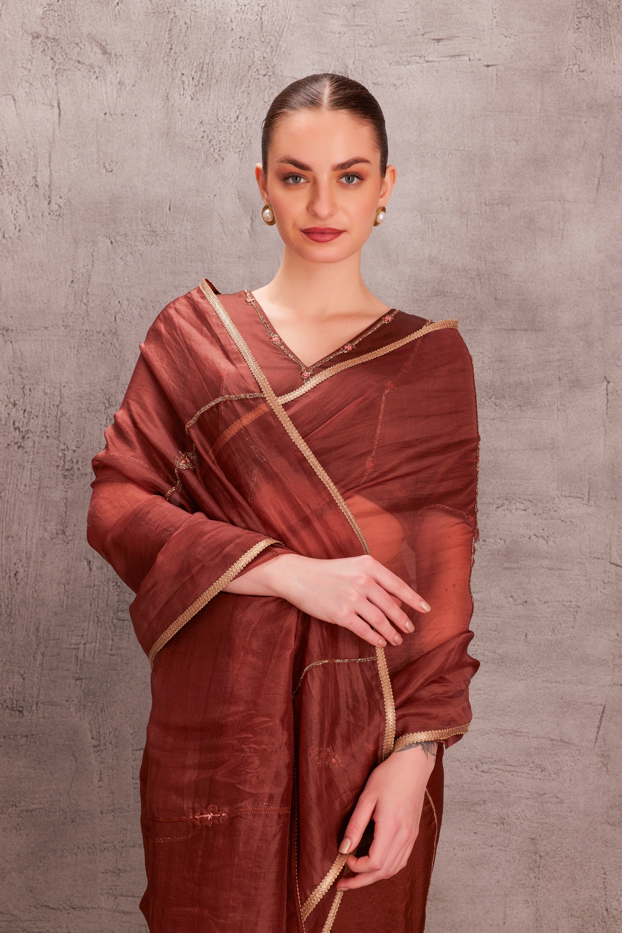 Brown Organza Saree Comes with Silk Embroidered Stitched Blouse & Organic Cotton Stitched Petticoat (3Pcs)