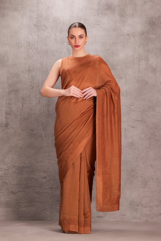 Brown Chanderi Shadow Saree Comes With Embroidered Stitched Blouse & Organic Cotton Stitched Pettiocat (3Pcs)