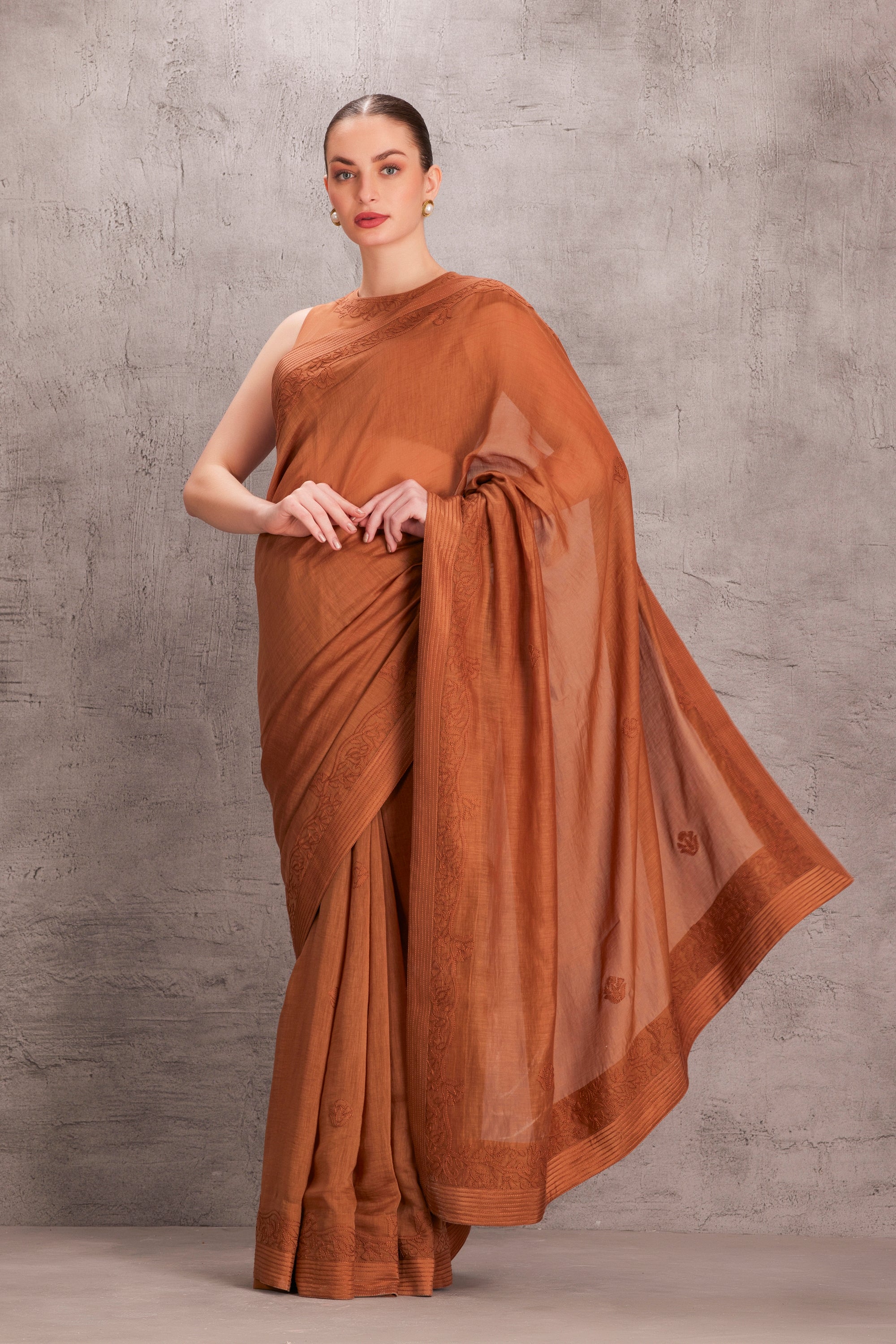 Brown Chanderi Shadow Saree Comes With Embroidered Stitched Blouse & Organic Cotton Stitched Pettiocat (3Pcs)