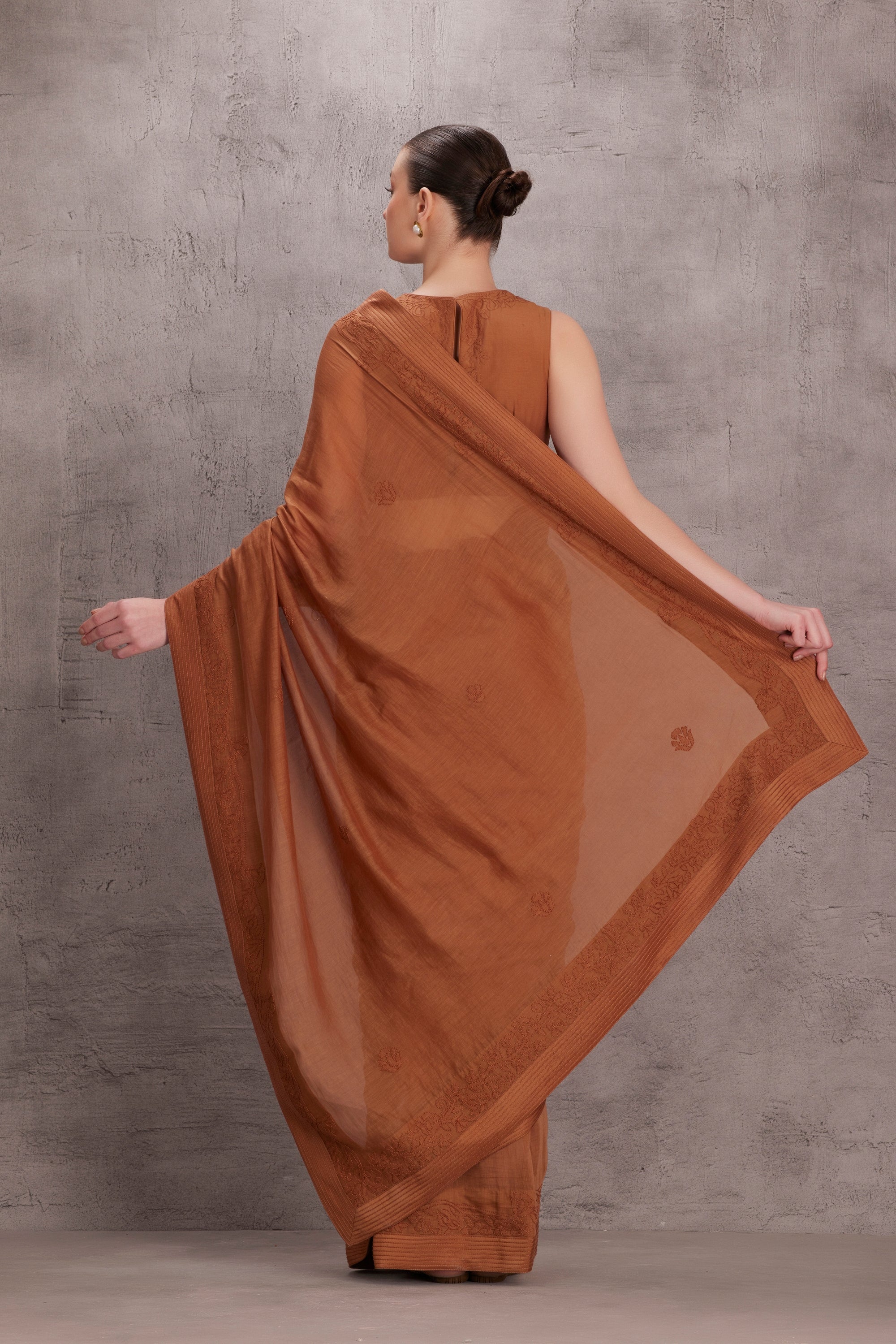 Brown Chanderi Shadow Saree Comes With Embroidered Stitched Blouse & Organic Cotton Stitched Pettiocat (3Pcs)