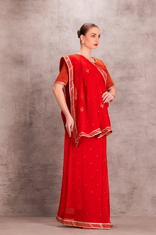 Orange Chiffon Saree Comes With Embroidered Stitched Blouse & Organic Cotton Petticoat (3 Pcs)