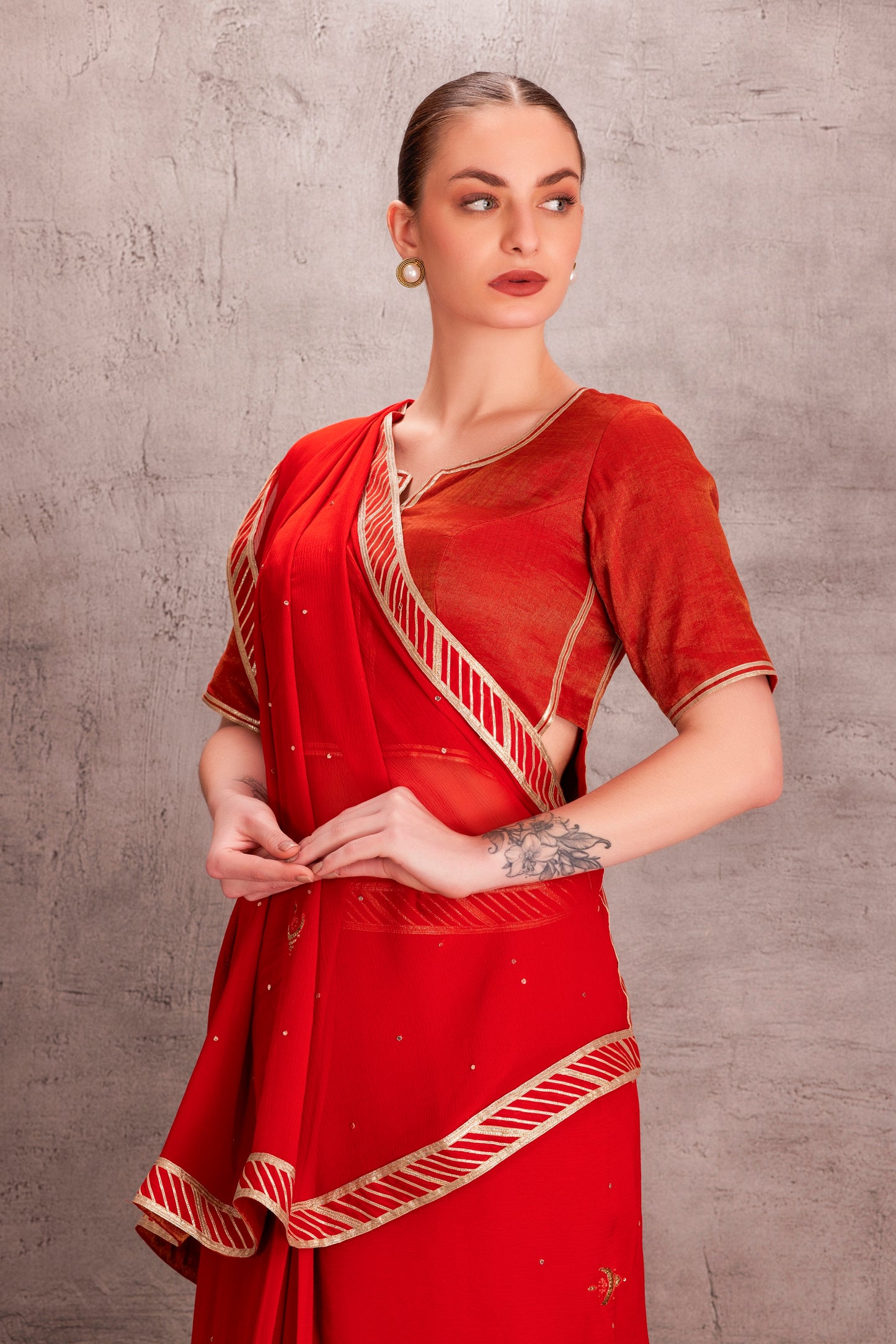Orange Chiffon Saree Comes With Embroidered Stitched Blouse & Organic Cotton Petticoat (3 Pcs)