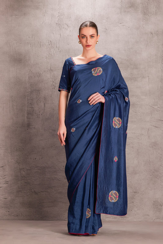 Blue Silk Saree Comes with Blue Silk Embroidered Stitched blouse & Organic Cotton Stitched Petticoat (3Pcs)