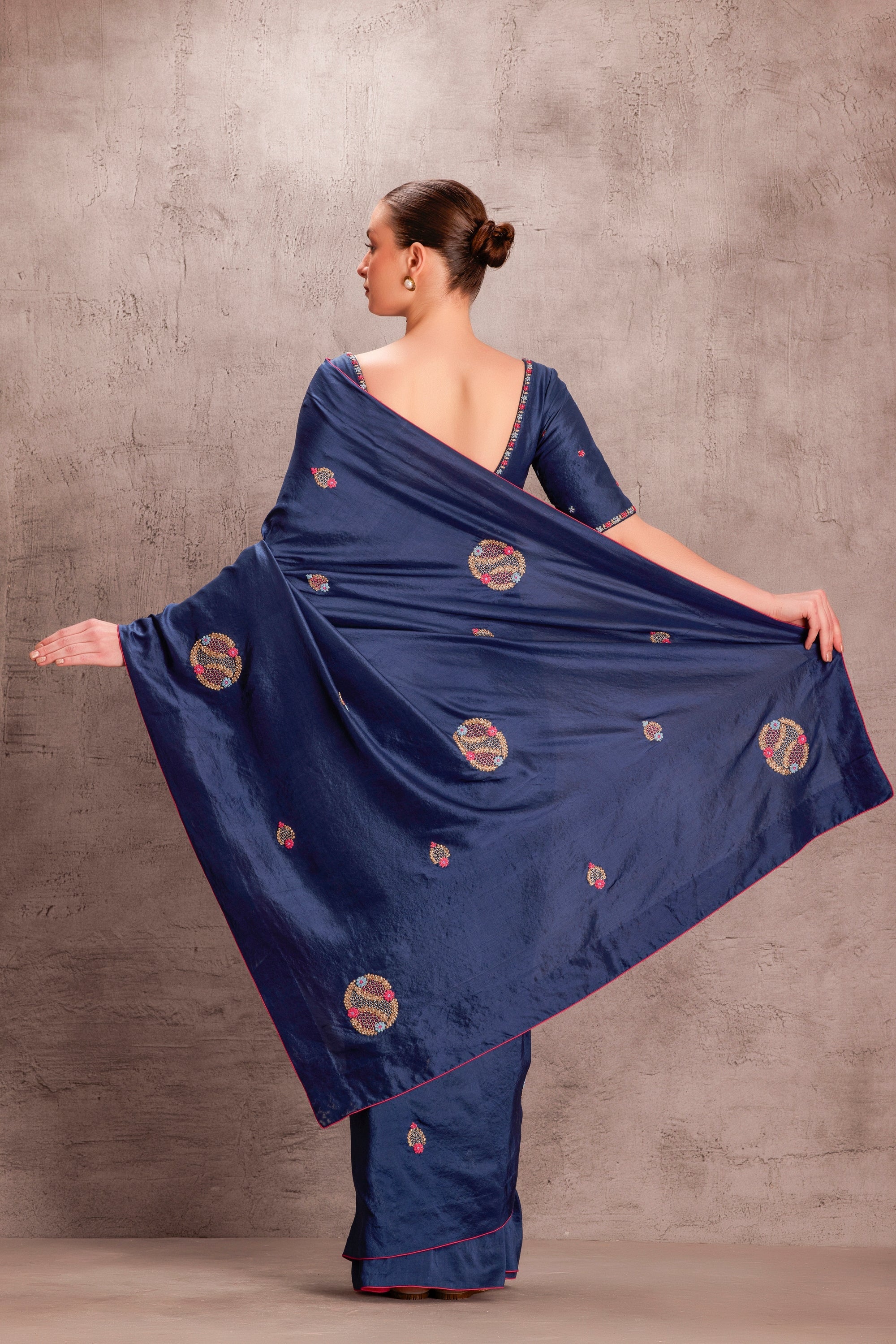 Blue Silk Saree Comes with Blue Silk Embroidered Stitched blouse & Organic Cotton Stitched Petticoat (3Pcs)