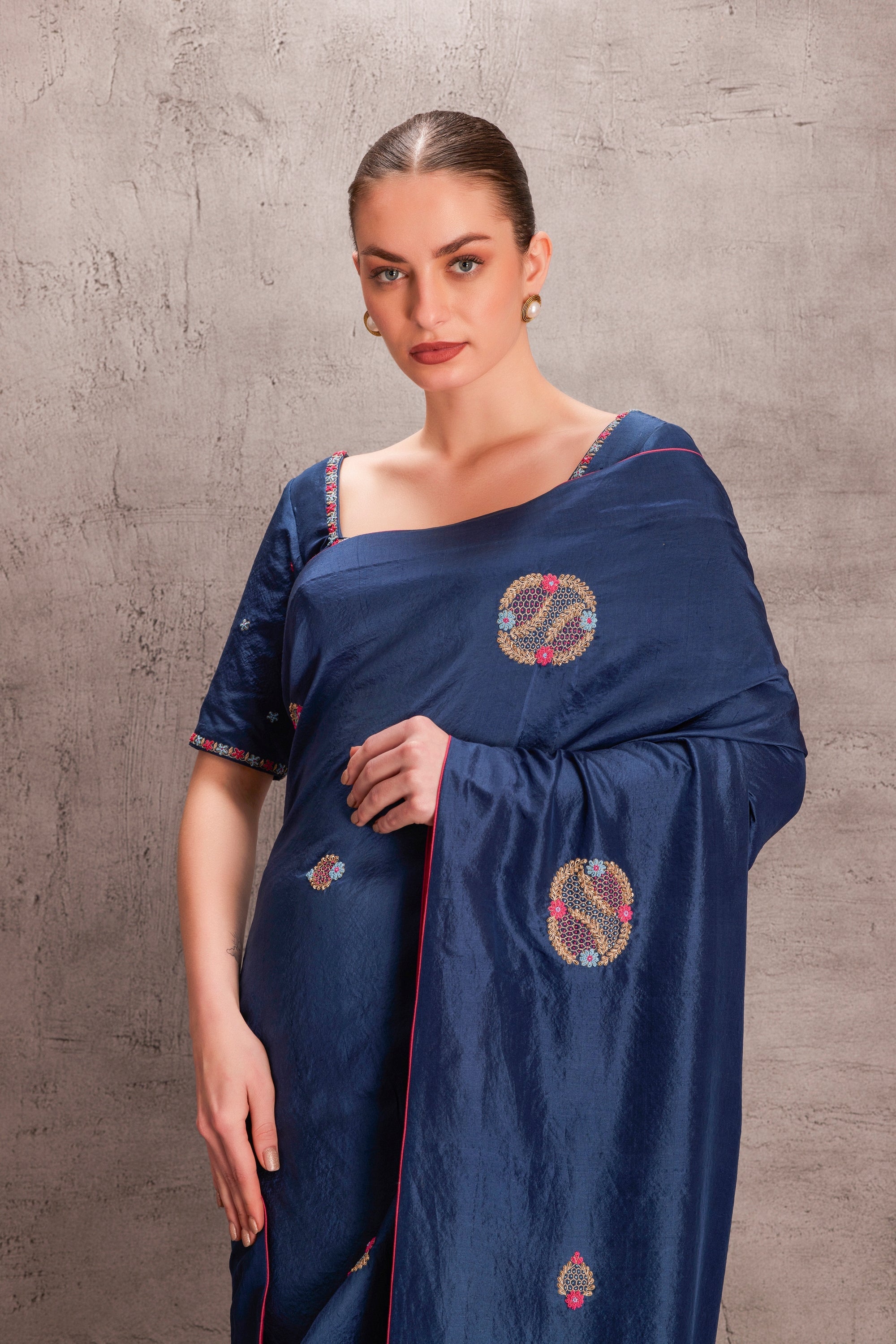 Blue Silk Saree Comes with Blue Silk Embroidered Stitched blouse & Organic Cotton Stitched Petticoat (3Pcs)